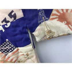 1930s Japanese fully lined kimono decorated with Japanese naval vessels and bi-planes, Japanese, American and British flags and dated 1935; looks to be child's size