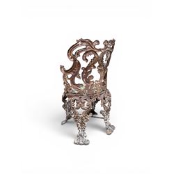 19th century Rococo Revival cast iron garden chair, pierced back comprised of scrolling acanthus leaves, over a pierced geometric white painted drop-in seat, raised on four acanthus and anthemion shaped cabriole supports united by X-frame stretcher