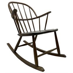 Mid-to-late 20th century beech rocking chair, double hoop and stick back, on turned supports united by rockers and swell turned stretchers