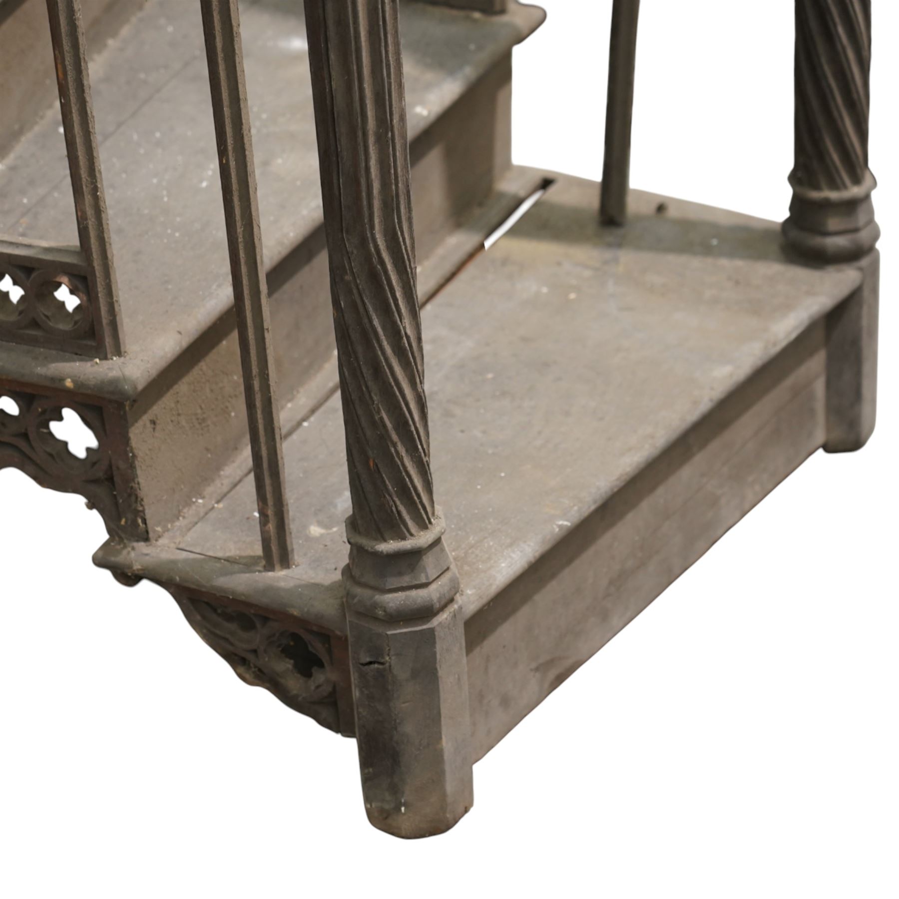 Architectural Salvage - 19th century oak five tread pulpit staircase of curved design with spiral carved pillars and pierced side panels with various additional matching pieces
Note: Removed in the 19th century from the church in the grounds of a private Yorkshire estate 
Provenance: property of a Nobleman