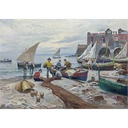 Continental School (Mid 20th century): Harbour Scene with Boats and Figures, oil on canvas indistinctly signed 50cm x 70cm