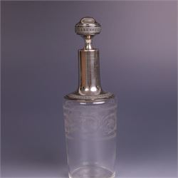 French silver mounted glass decanter and shot glass set, the decanter with silver covered stopper, removable silver collar, and etched decoration to glass body, the six silver mounted glasses each with etched decoration, silver stamped with Minerva's head, decanter H 21cm