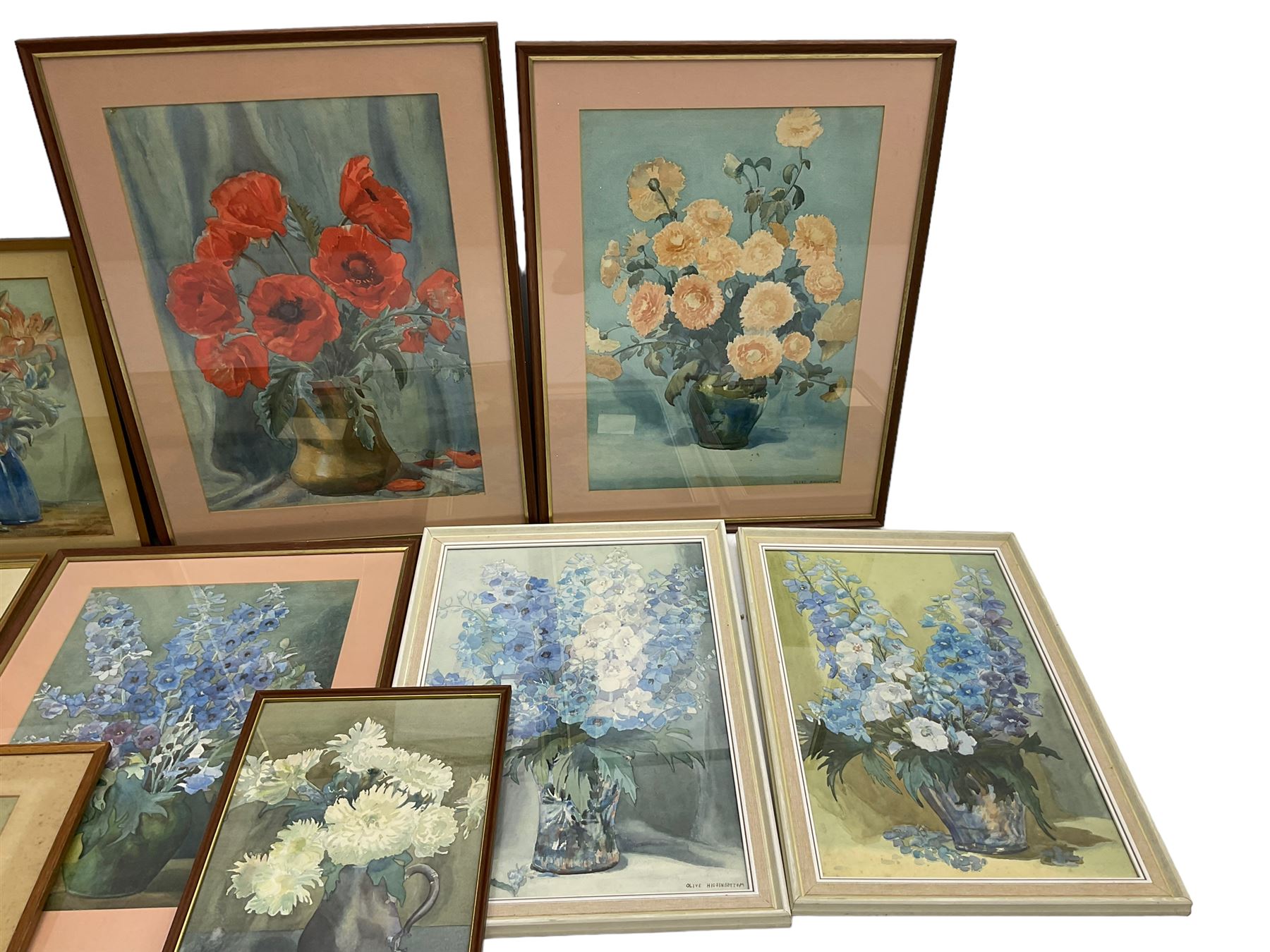 Olive Higginbottom (Yorkshire Early/Mid-20th century): Still Life of Delphiniums and 
Other Flowers, studio collection of watercolours, some signed and dated max 54cm x 38cm, in one box (10)