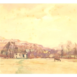Fred Lawson (British 1888-1968): Horses Grazing by a Farmhouse, watercolour signed 24cm x 26cm