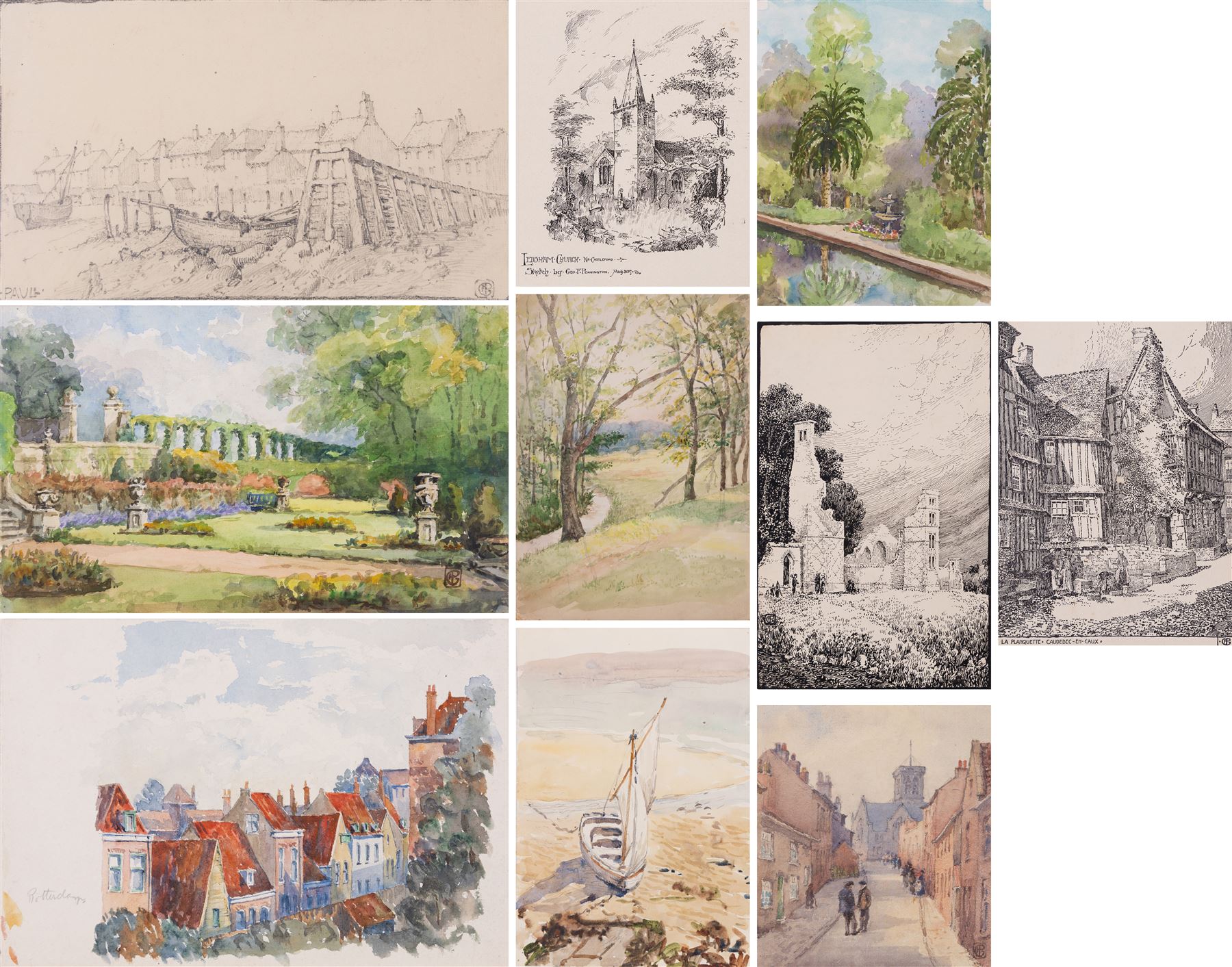 George Farquhar Pennington (British 1872-1961); collection of ten watercolours and ink sketches, variously signed and dated, largest 37cm x 26cm (10)