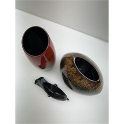 Poole pottery Form vase by Andrew Tanner, decorated with a silhouette of a tree beneath a red sun, together another with Poole pottery vase and dolphin, largest H24cm 