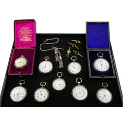 Nine 19th/early 20th century ladies silver key wound and keyless fob and pocket watches, white and silver enamel dials, hallmarked and a silver Albertina watch chain