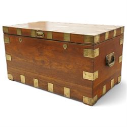 Early 19th century teak and brass bound silver campaign chest, fitted with brass L-shaped brackets and heavy weight carrying handles, the hinged lid enclosing two removeable trays with divisions and lined in blue baize, fitted with two 'R. Cooper & Son' brass locks