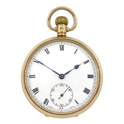 Early 20th century 9ct gold open face keyless Swiss lever pocket watch, white enamel dial with Roman numerals and subsidiary seconds dial, case by Dennison, Birmingham 1925