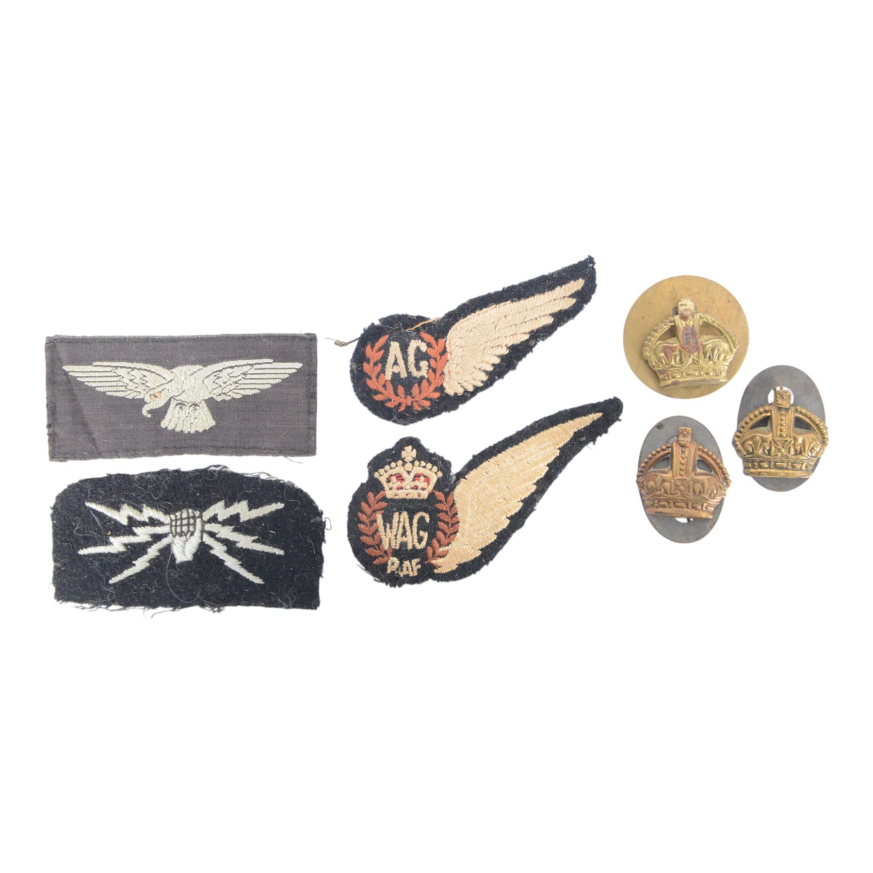RAF scarce cloth embroidered Wireless Operator Air Gunner brevet and Air Gunner, together with wireless operator patch, eagle shoulder patch and three flight sergeant crowns 