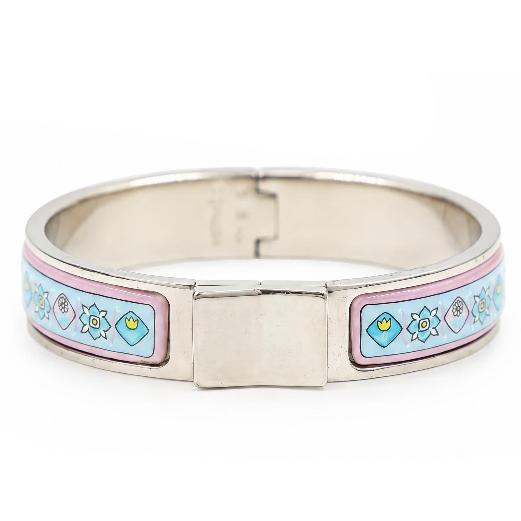 Hermès Clic Clac enamel bracelet, blue and pink flower design, boxed