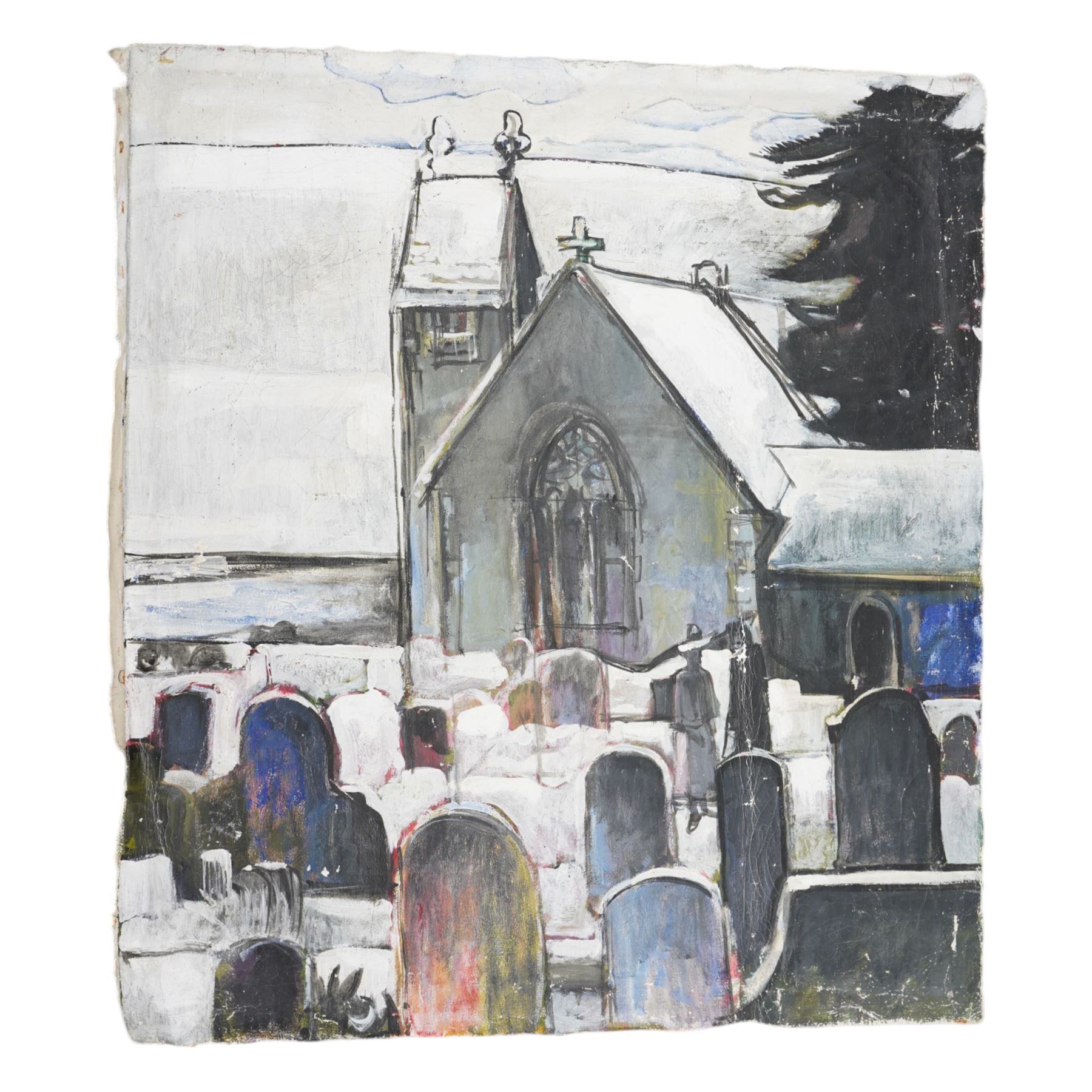 John Gilbey Bowles (British 1929-2011): 'The Church That Died', oil on unstretched canvas signed inscribed and dated 1977 verso 86cm x 76cm (unframed)