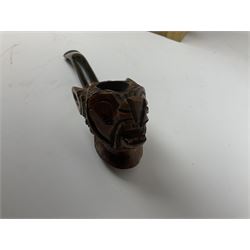 Pipes and two tiered wooden rack together with eleven pipers, including briar pipe carved as a wolf, Sea Dog straight pipe, John Brumfit pipe, meerschaum pipe ect, pipe rack H29.5cm