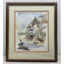 Tony Bryant (British 20th Century): 'Blakeney', watercolour and ink signed, titled and dated 1990 verso; Christopher Glanville (British 1948-): 'Orchard', ink and watercolour unsigned, titled verso; Rachel McNaughton (Yorkshire Contemporary): Staithes, watercolour and ink unsigned, artists address label verso; Jeanne L Jackson (Yorkshire Contemporary): 'Lilies at Halfpenny House', acrylic unsigned, titled verso max 33cm x 27cm (4)