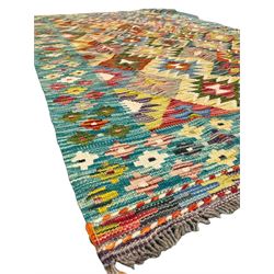 Chobi kilim multi-colour ground rug, overall geometric design, the wide border decorated with geometric motifs 
