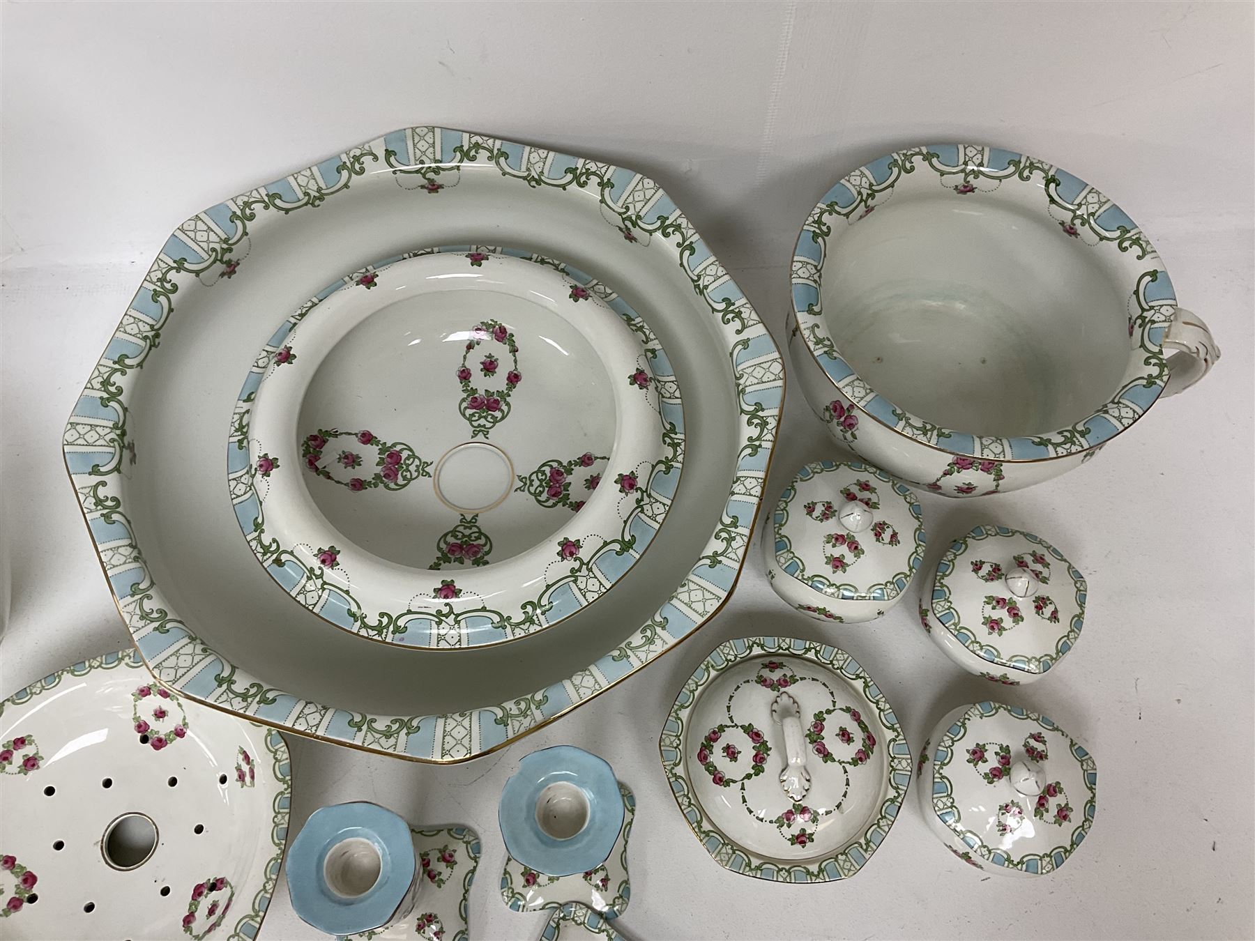 Early 20th century Whieldon Ware wash set to include jug, bowl, candlesticks etc