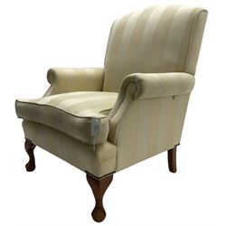 Wesley-Barrell - Georgian design traditional shaped armchair with rolled arms, sprung back and loose seat cushion upholstered in beige striped fabric with gold piping, raised on cabriole supports with ball and claw feet