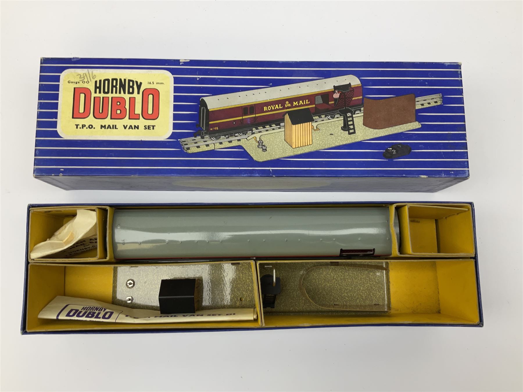 Hornby Dublo - Breakdown Crane No.4062 with Cowans Sheldon livery, boxed with screw jacks; D1 Girder Bridge, boxed; and T.P.O. Mail Van Set, boxed with instructions, mail bags, switch and tested tag (3)
