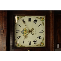  Early 19th century oak and mahogany longcase clock, enamel dial painted with flowers, signed for 'Thomas Northwood', 30-hour movement striking on bell, H200cm  