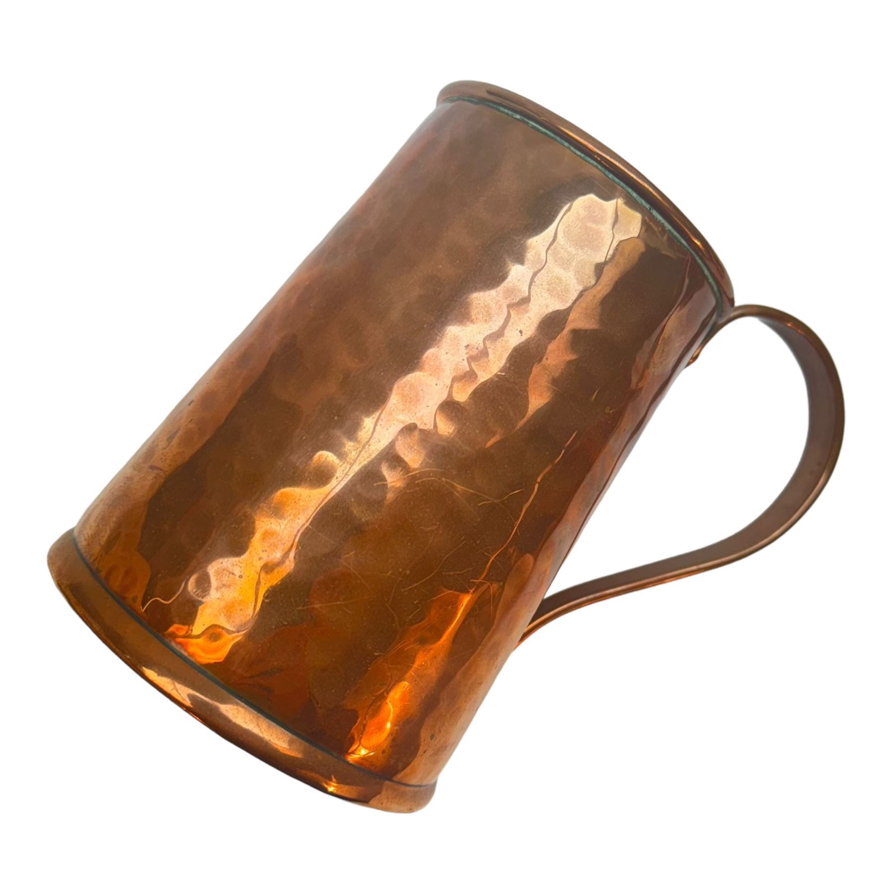 Copper tankards, including one example with plated handle and base stamped 'Barley Corn', brass box with secret compartment, and other brass and copper collectables