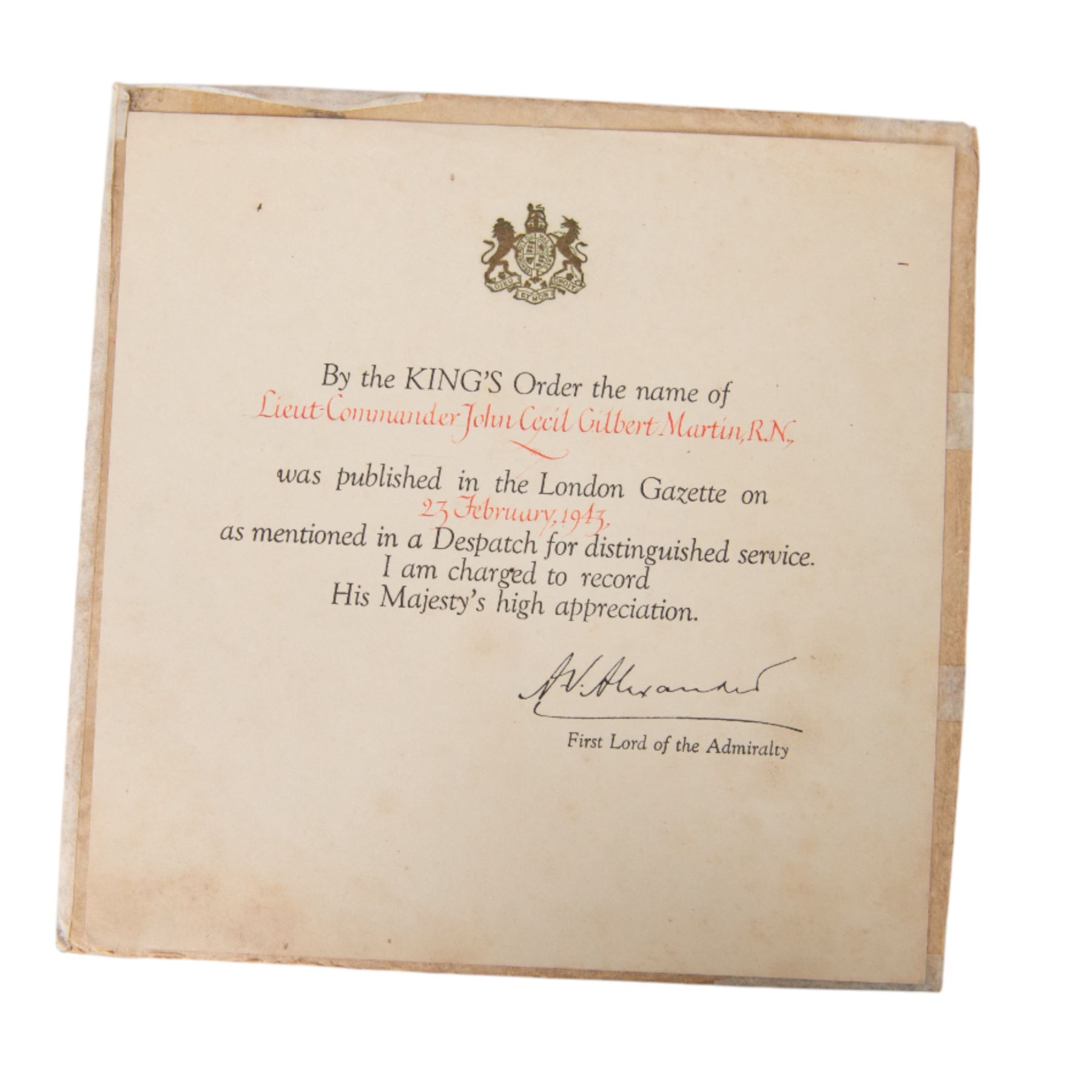 WWII Medal group awarded to Commander John Cecil Gilbert Martin, Royal Navy; OBE, 1939-1945 Star, Atlantic Star, Africa Star, Burma Star, War Medal, Defence Medal, Queen Elizabeth II Coronation medal and Royal Life Saving Society Medal, together with engraved silver napkin ring, hallmarked, engraved silver plated tin, OBE documentation and other ephemera relating to Commander John Cecil Gilbert Martin