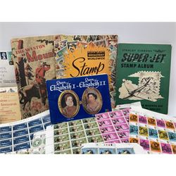 Coins and stamps including Queen Elizabeth II commemorative crowns, 1999 five pound coin, four 1989 two pound coins, mixed World coins including 'pre-Euro' coinage, Queen Elizabeth II mint pre-decimal partial stamp sheets, various other stamps etc
