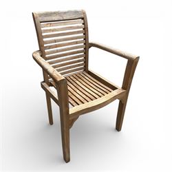 Set of four teak high back slatted garden chairs