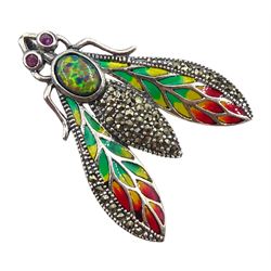 Silver plique-a-jour, marcasite and opal moth pendant/brooch, stamped 925