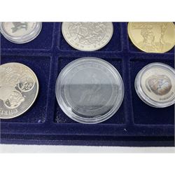 Commemorative, fantasy and other coinage, including George II 1754 farthing, George III 1773 farthing, cartwheel penny and cartwheel two pence, Queen Victoria Canada 1886 twenty five cents, various commemorative crowns etc, housed in three blue coin trays