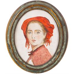 English School (19th Century): Portrait of a Girl with Red Head Covering, oval oil on board unsigned 17cm x 13cm 