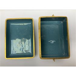 20th century Chinese cloisonne enamel smoking set, comprising two ashtrays, box and tray, with floral and foliate scrolling on green ground