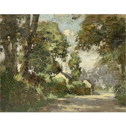 Francis G Wood (British exh.1906-1907): Sunlit Country Lane, oil on canvas laid on board unsigned 29cm x 37cm (unframed)
Provenance: part of a collection from the artist's family. Francis was Headmaster of the Penzance School of Art, taking over from William Henry Knight in 1916. For four years he built it up successfully and was highly respected for being one of the 'best art teachers in the West of England'.  