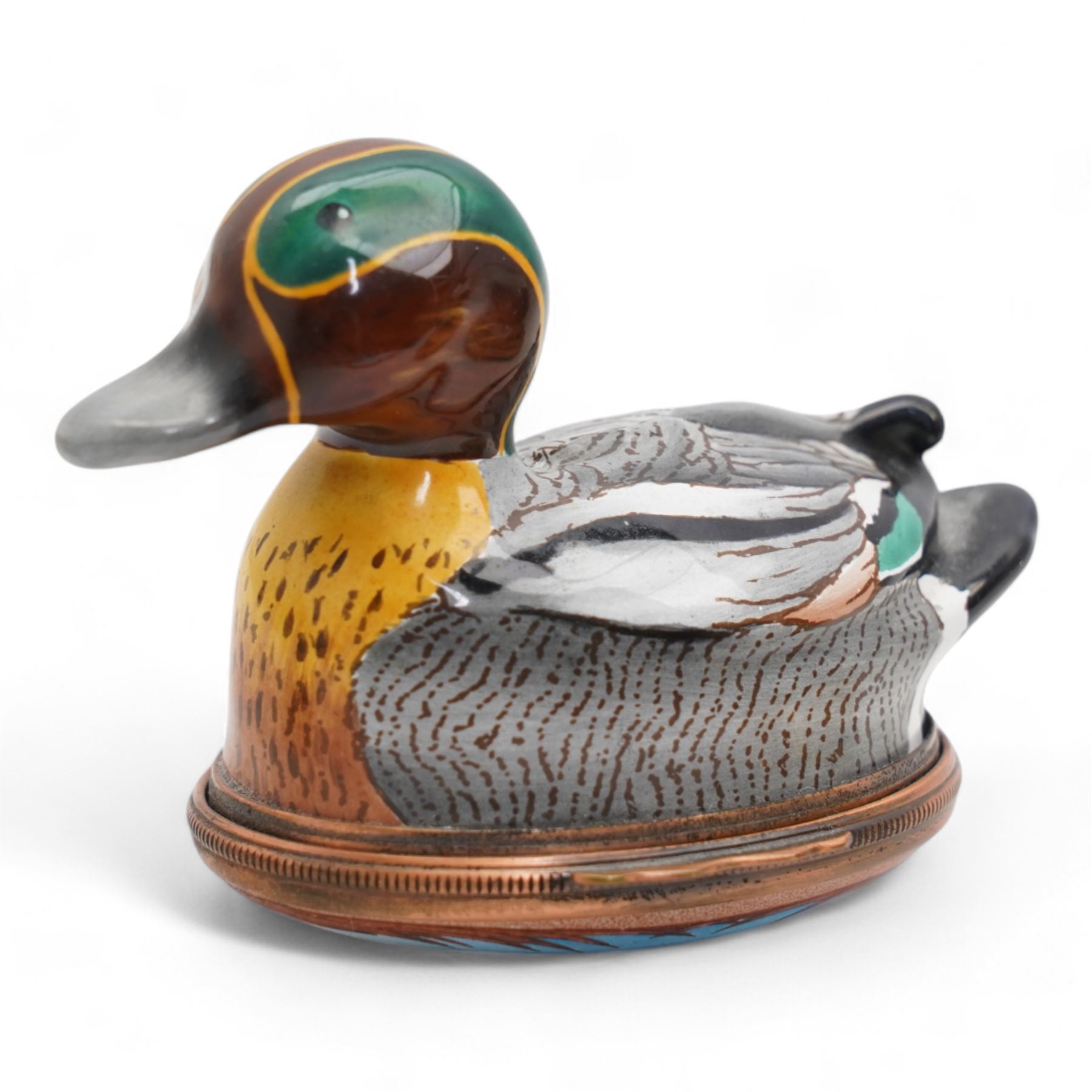 Three Halcyon Days enamel bonbonnieres comprising a mallard, panda and frog, H7cm max (3)