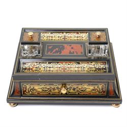 Mid 19th century Boulle inkstand in cut brass and tortoiseshell with beaded decoration wit...