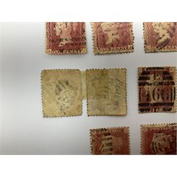 Great Britain Queen Victoria penny black stamp, red MX cancel, imperf penny red, black MX cancel and ten perf penny reds (12)