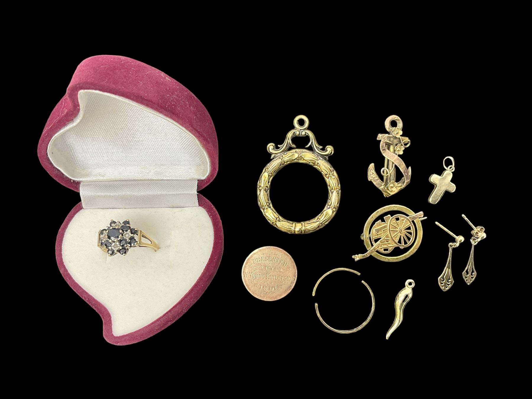 9ct gold jewellery, including sapphire and diamond cluster ring, 'Good Luck' anchor sweetheart brooch, two charms and a pair of stud earrings, together with a 15ct gold brooch commemorating the Battle of Ypres, Berwick Cycling Club medal and a gold wreath pendant