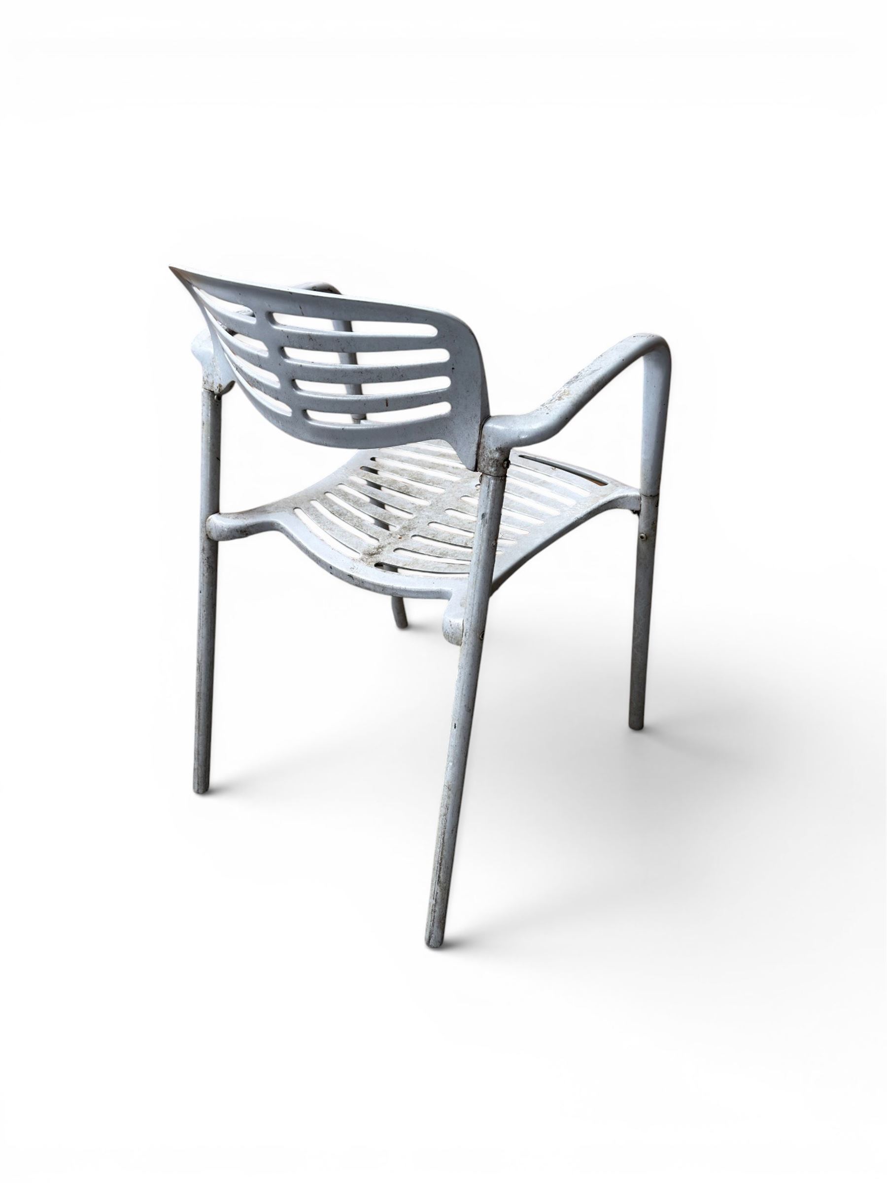 Set of eight mid-20th century painted aluminium garden armchairs, curved backs with shaped seat, stackable