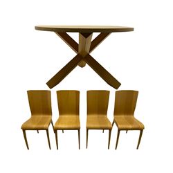 Light oak circular dining table, X framed base, and four chairs