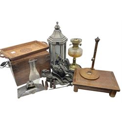 Brass oil lamp with glass reservoir, together with wooden framed hexagonal lantern, two wooden boxes and other collectables 