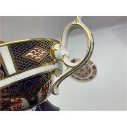 Royal Crown Derby Old Imari pattern miniature vase, coffee can and saucer, teacup and saucer and plate, all with printed mark beneath, vase H8cm 