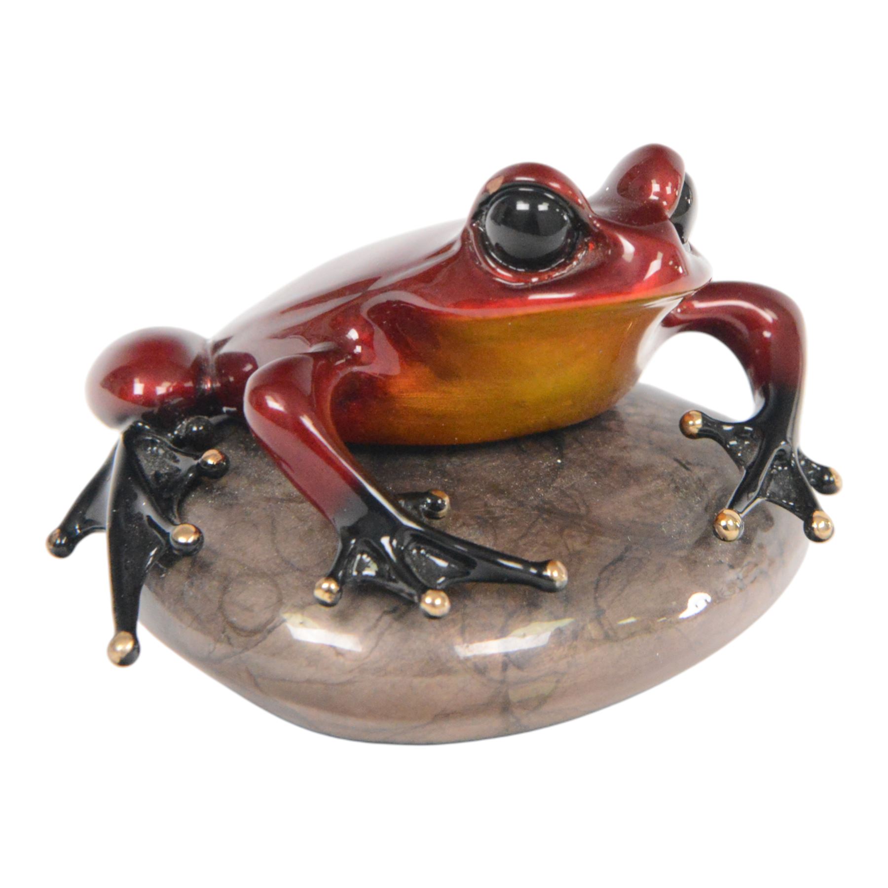 Tim Cotterill aka Frogman (British 1950-): 'Rockefeller', limited edition red patina coated solid bronze sculpture depicting a frog resting on a rock, impressed 'Frogman', signed and dated 2013, and numbered edition 661/2500 to base, W10cm