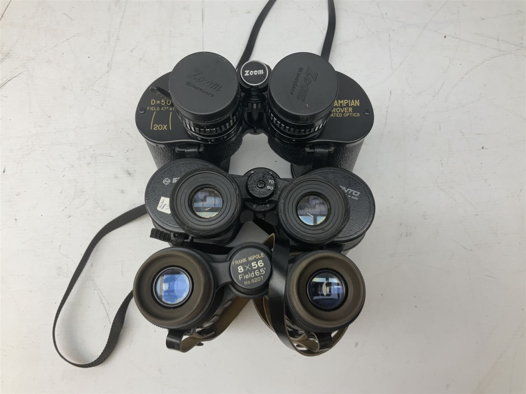 Nine cased pairs of binoculars to include Lieberman & Gortz 12x50, Frank Nipole 8x56, Uniscope, Hoya mark II 8x40, Porst 8x56 etc