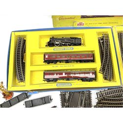 Hornby Dublo - two-rail 2022 'The Caledonian' Passenger Set LMR with Duchess Class 4-6-2 locomotive 'City of London' No.46245 with tender, two coaches and track, box base only, no lid; 4MT Standard 2-6-4 Tank locomotive No.80033 with two Talisman coaches and track in 2019 Goods Train Set box; four unboxed wagons, quantity of track, crane and buffer stops.