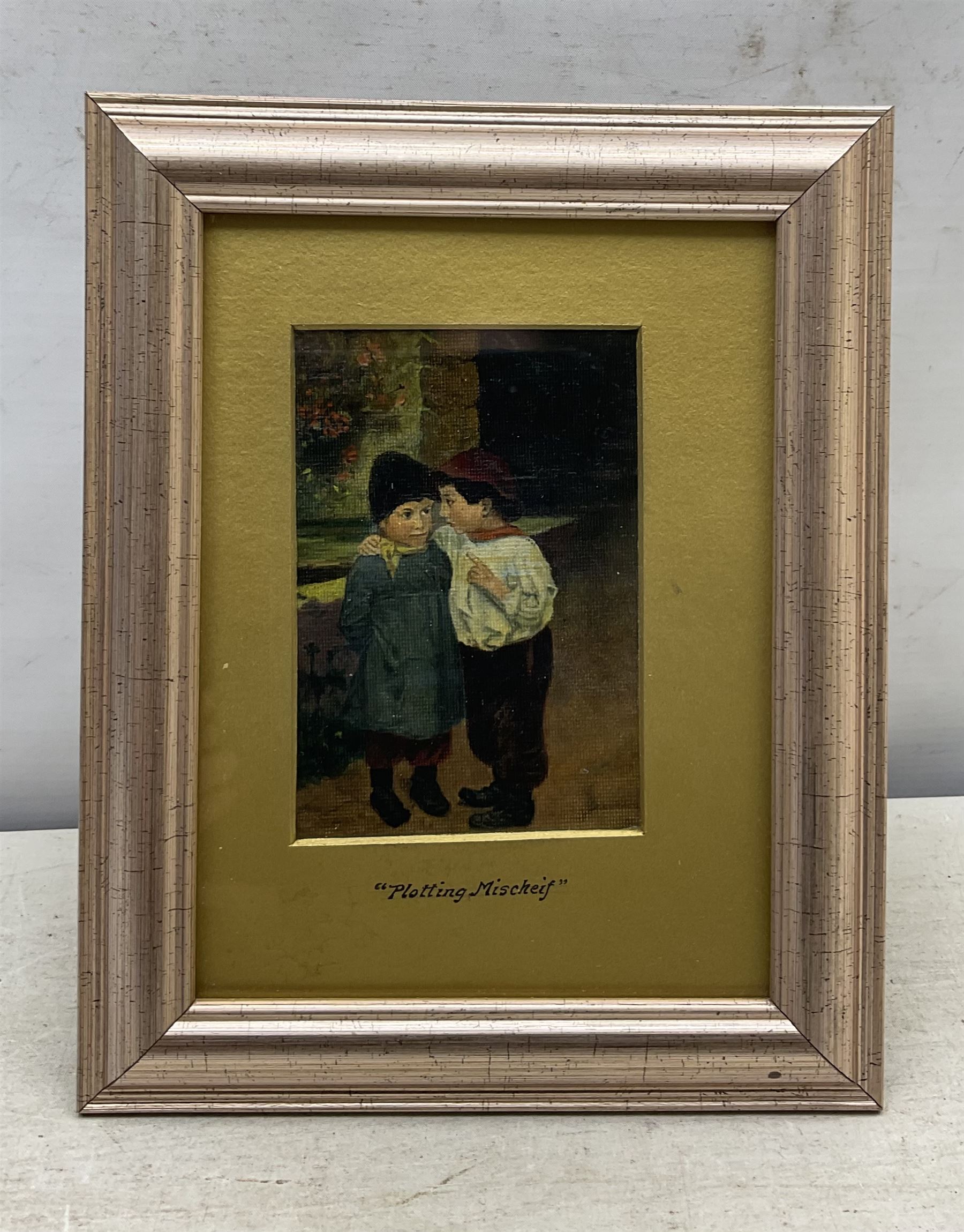 W H Pearson (British 19th/20th Century): 'Plotting Mischief', oil on canvas board, possibly faintly signed l.r., titled on the mount, inscribed 'W H Pearson' in a later hand beneath frame verso 12.5cm x 8.5cm