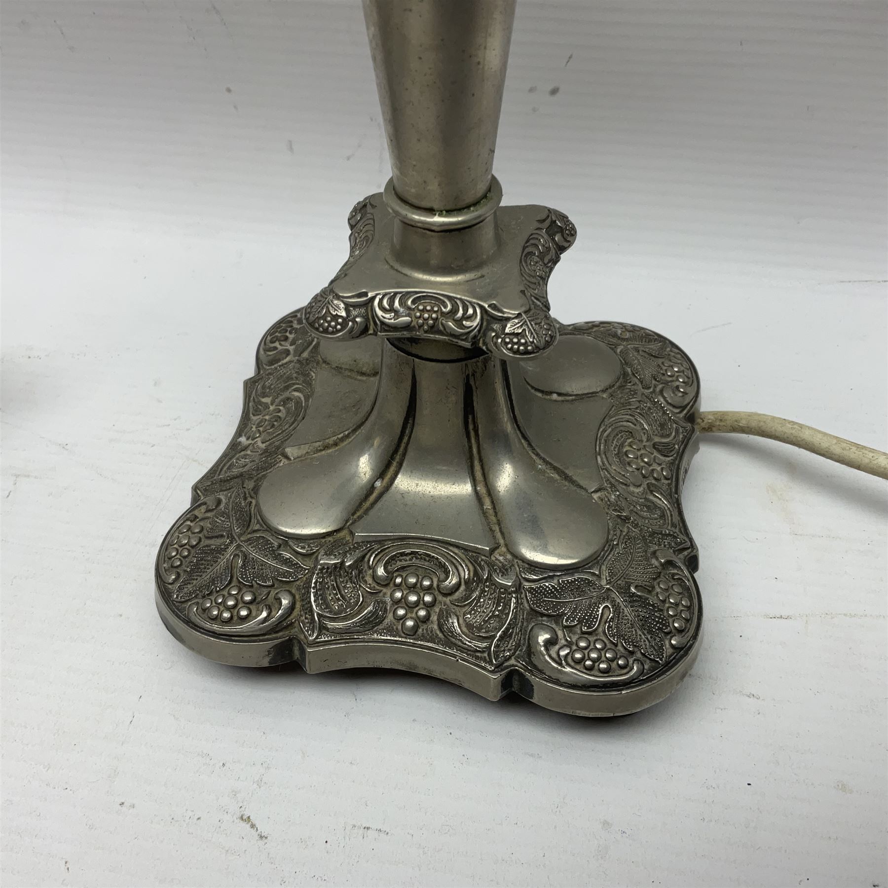 Pair of Corinthian column candlesticks, and a silver plated lamp, candlesticks H26cm