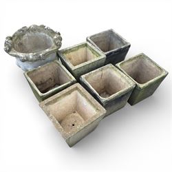 Collection of six square cast stone planters along with cast stone urn 