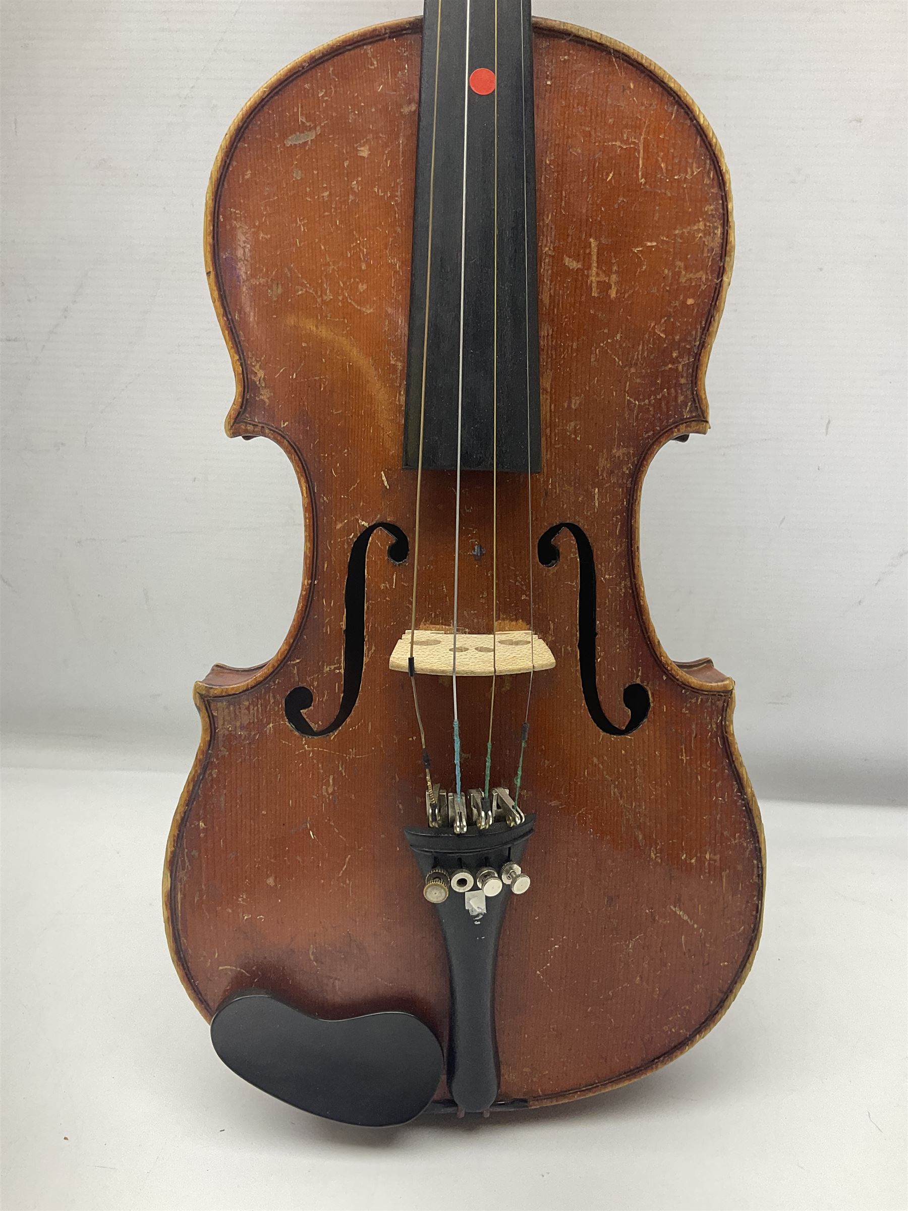 Early 20th century German Saxony three-quarter size violin with 34cm one-piece maple back and ribs and spruce top L55.5cm overall; in ebonised wooden 'coffin' case with bow