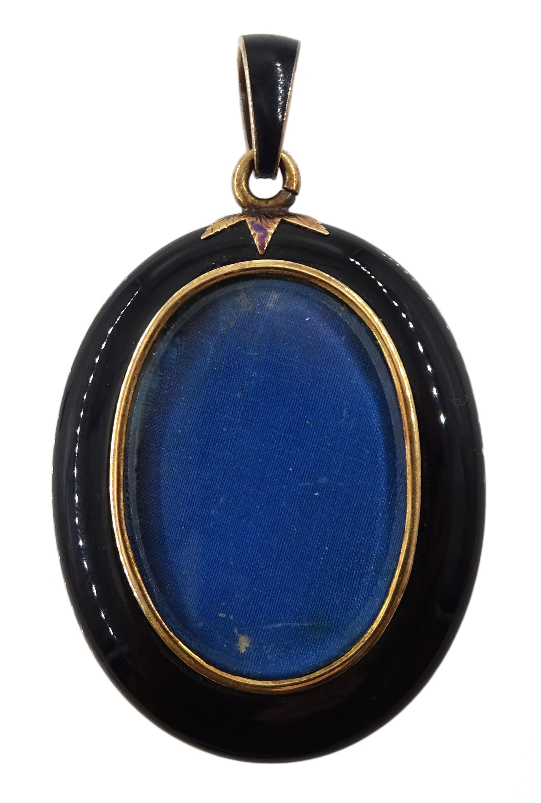 Victorian black enamel mourning pendant, with gold mounted seed pearl decoration, gold mourning ring, with plated hair shank and seed pearl mourning brooch