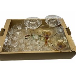 Various glassware, to include preserve pot and cover, drinking glasses of various size and form, including examples decorated with hunting related images, etc., in one box 