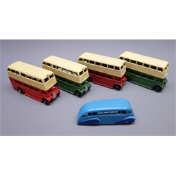  Dinky - four unboxed 29c Double Decker buses each with 1st type AEC/STL grille, two red/cream and two green/cream, and Single Deck bus with mid-blue body and dark blue flashes, unboxed, (5)  